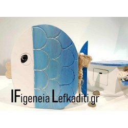 Χειροποίητο ξύλινο κουτί ευχών βάπτισης "Ψαράκι Sea Fish / Greek Islands" | Κουμπαράς