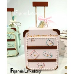 Ξύλινο κουτί βάπτισης ευχών "Ταξίδια Happy Travel World" ροζ