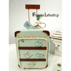 Ξύλινος Μεγάλος Κουμπαράς με Ευχές & Όνομα Παιδιού – «Βαλίτσα Ταξίδια Happy Travel World» μέντα