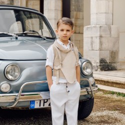 Μοντέρνο Βαπτιστικό Σύνολο Αγόρι σε Boho γραμμή 26A503 Εκρού-Μπεζ με Ασύμμετρο Γιλέκο