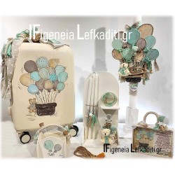 Σετ Βάπτισης "Αρκουδάκι - Μπαλόνια - Αερόστατο" μπεζ μέντα με βαλίτσα ζωγραφισμένη / ή ΘΕΜΑ δικής σας ΕΠΙΛΟΓΗΣ