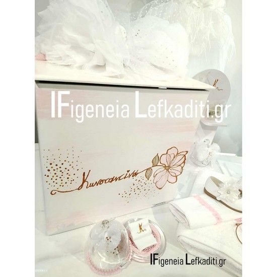 Χειροποίητο Σετ Βάπτισης για Κορίτσι με Ζωγραφισμένο Λουλούδι & Ξύλινο Κουτί Κύβο