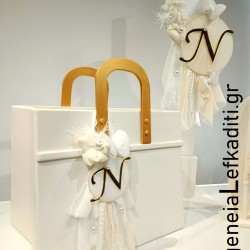 Σετ Βάπτισης Κορίτσι Cream–Gold - Ρομαντικό Vintage βαπτιστικό με Ξύλινη Τσάντα |Κουτί, Λαμπάδα, Λαδοσέτ & Λαδόπανα