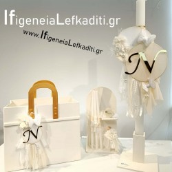 Σετ Βάπτισης Κορίτσι Cream–Gold - Ρομαντικό Vintage βαπτιστικό με Ξύλινη Τσάντα |Κουτί, Λαμπάδα, Λαδοσέτ & Λαδόπανα