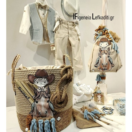 Πλήρες Σετ Βάπτισης Αγοριού Little Cowboy – Επιλογή Ψάθινο Καλάθι, Βαλίτσα ή Ξύλινο Κουτί