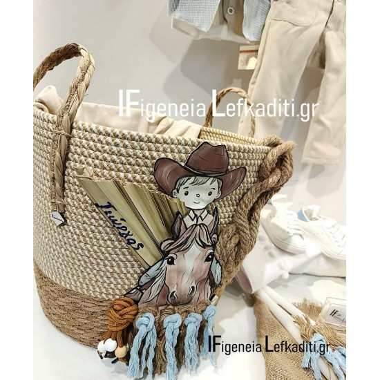 Πλήρες Σετ Βάπτισης Αγοριού Little Cowboy – Επιλογή Ψάθινο Καλάθι, Βαλίτσα ή Ξύλινο Κουτί