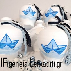 Μπομπονιέρα βάπτισης  "Καραβάκι" Blue Navy / κουμπαράς ζωγραφισμένος στο χέρι με όνομα παιδιού