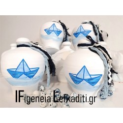 Μπομπονιέρα βάπτισης  "Καραβάκι" Blue Navy / κουμπαράς ζωγραφισμένος στο χέρι με όνομα παιδιού