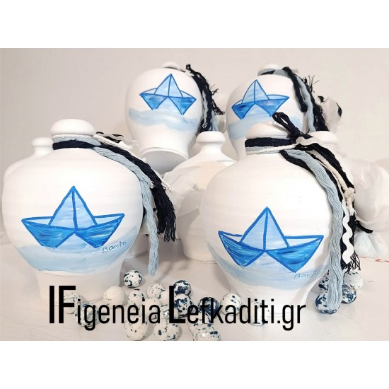 Μπομπονιέρα βάπτισης  "Καραβάκι" Blue Navy / κουμπαράς ζωγραφισμένος στο χέρι με όνομα παιδιού