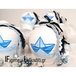 Μπομπονιέρα βάπτισης  "Καραβάκι" Blue Navy / κουμπαράς ζωγραφισμένος στο χέρι με όνομα παιδιού