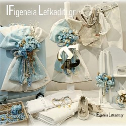 Σετ Βάπτισης Αγοριού Μονόγραμμα Flower Baby Blue με Βαλίτσα / Χειροποίητο & Προσωποποιημένο