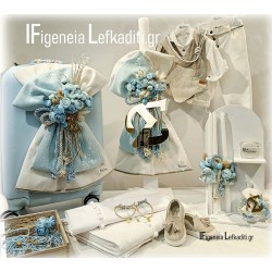 Σετ Βάπτισης Αγοριού Μονόγραμμα Flower Baby Blue με Βαλίτσα / Χειροποίητο & Προσωποποιημένο