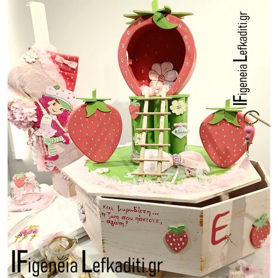 Βαπτιστικό σετ κοριτσιού Φράουλα / strawberry με ξύλινο κουτί "Φραουλόσπιτο" - Χειροποίητη Κατασκευή & Ζωγραφική στο Χέρι