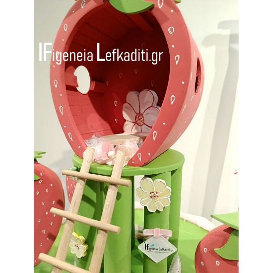 Βαπτιστικό σετ κοριτσιού Φράουλα / strawberry με ξύλινο κουτί "Φραουλόσπιτο" - Χειροποίητη Κατασκευή & Ζωγραφική στο Χέρι