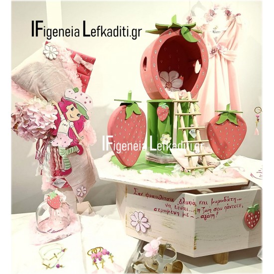 Επίσημη συσκευασία πολυτελείας βαπτιστικού σταυρού "Φράουλα / Φραουλόσπιτο"