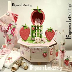 Βαπτιστικό σετ κοριτσιού Φράουλα / strawberry με ξύλινο κουτί "Φραουλόσπιτο" - Χειροποίητη Κατασκευή & Ζωγραφική στο Χέρι