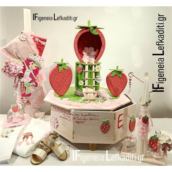 Βαπτιστικό σετ κοριτσιού Φράουλα / strawberry με ξύλινο κουτί "Φραουλόσπιτο" - Χειροποίητη Κατασκευή & Ζωγραφική στο Χέρι