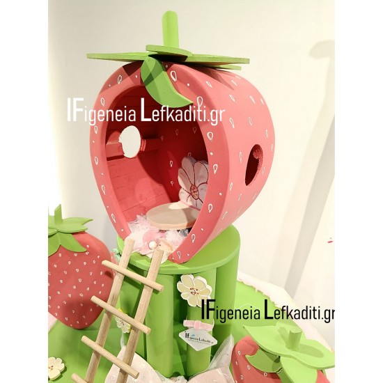 Βαπτιστικό σετ κοριτσιού Φράουλα / strawberry με ξύλινο κουτί "Φραουλόσπιτο" - Χειροποίητη Κατασκευή & Ζωγραφική στο Χέρι