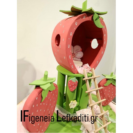 Βαπτιστικό σετ κοριτσιού Φράουλα / strawberry με ξύλινο κουτί "Φραουλόσπιτο" - Χειροποίητη Κατασκευή & Ζωγραφική στο Χέρι