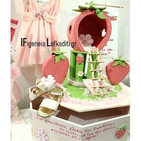 Βαπτιστικό σετ κοριτσιού Φράουλα / strawberry με ξύλινο κουτί "Φραουλόσπιτο" - Χειροποίητη Κατασκευή & Ζωγραφική στο Χέρι