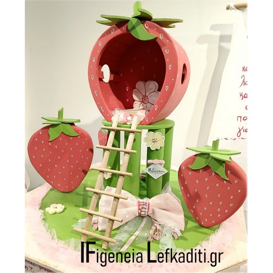 Βαπτιστικό σετ κοριτσιού Φράουλα / strawberry με ξύλινο κουτί "Φραουλόσπιτο" - Χειροποίητη Κατασκευή & Ζωγραφική στο Χέρι