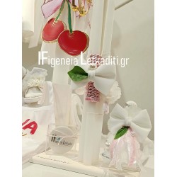 Σετ Βάπτισης Κοριτσιού Cherry Bow με Χειροποίητη Ζωγραφισμένη Βαλίτσα Τρόλεϊ