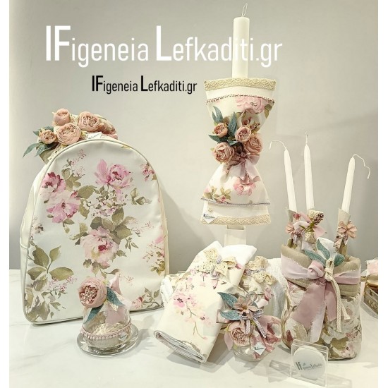 Ρομαντικό Flower Σετ Βάπτισης Κοριτσιού Vintage με Backpack – Χρώματα & Θέμα Επιλογής