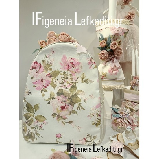 Ρομαντικό Flower Σετ Βάπτισης Κοριτσιού Vintage με Backpack – Χρώματα & Θέμα Επιλογής