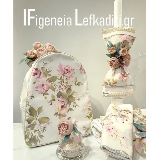 Ρομαντικό Flower Σετ Βάπτισης Κοριτσιού Vintage με Backpack – Χρώματα & Θέμα Επιλογής